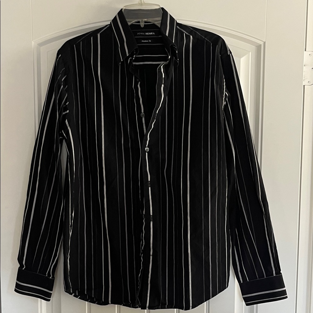 John Henry Black and White Striped Dress Shirt